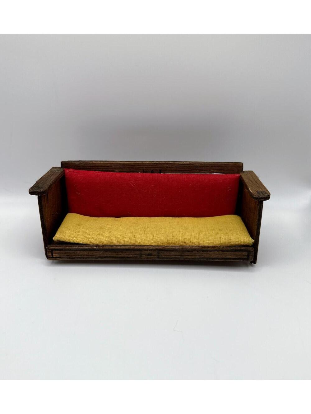 Antique Dollhouse Sofa Bench Handmade Wood 1:12 Scale Red Yellow c1930s